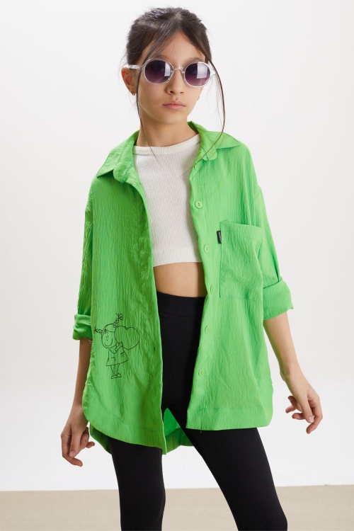 Fıstık Yeşili Kalp Baskılı Yırtmaç Detaylı Kız Çocuk Düğmeli Gömlek 18426