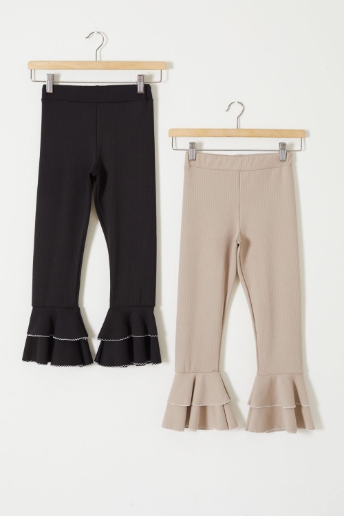 Fitilli İspanyol Paça Kız Çocuk Volanlı 2li Tayt Siyah-Bej 18196