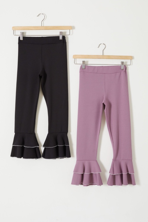 Fitilli İspanyol Paça Kız Çocuk Volanlı 2li Tayt Siyah-Gül Kurusu 18199