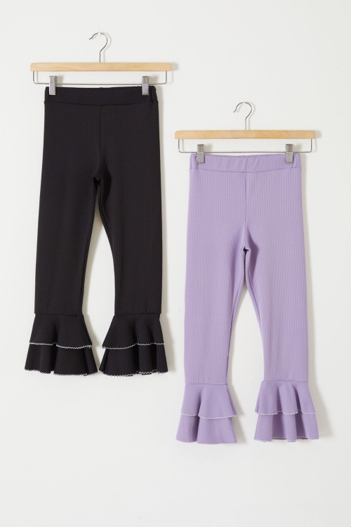 Fitilli İspanyol Paça Kız Çocuk Volanlı 2li Tayt Siyah-Lila 18197