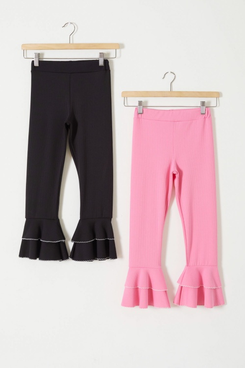 Fitilli İspanyol Paça Kız Çocuk Volanlı 2li Tayt Siyah-Pembe 18195