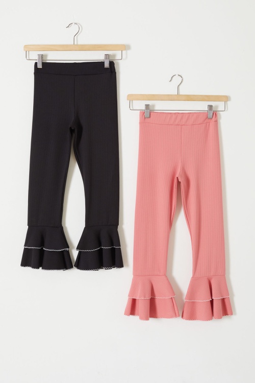 Fitilli İspanyol Paça Kız Çocuk Volanlı 2li Tayt Siyah-Somon 18198
