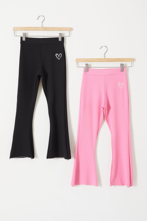 Fitilli Kalp Nakışlı İspanyol Paça Kız Çocuk 2li Tayt Siyah-Pembe 18213