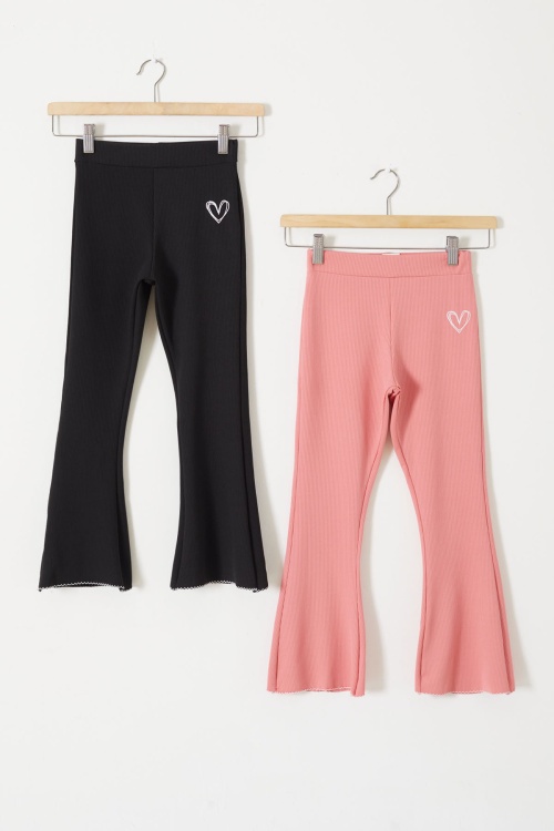 Fitilli Kalp Nakışlı İspanyol Paça Kız Çocuk 2li Tayt Siyah-Somon 18214