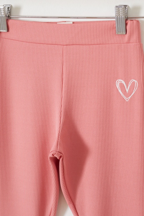 Fitilli Kalp Nakışlı İspanyol Paça Kız Çocuk 2li Tayt Siyah-Somon 18214