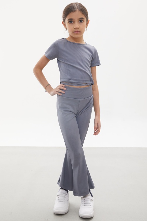 Füme İspanyol Paça Taytlı Bel Bağlamalı Croplu Kız Takım 18109