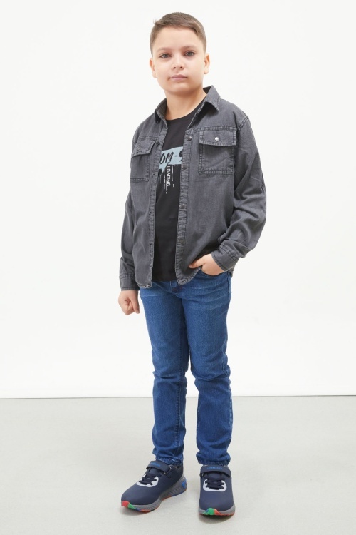 Füme Yazı Baskılı Jean Gömlekli T-shirt Erkek Çocuk 2li Takım 17569