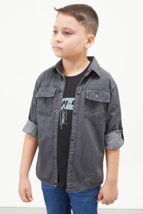 Füme Yazı Baskılı Jean Gömlekli T-shirt Erkek Çocuk 2li Takım 17569