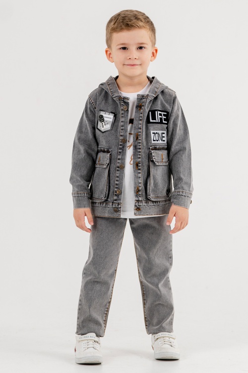 Füme Yazılı Jean Ceketli Pantolonlu Erkek Çocuk Tişörtlü 3lü Takım 18174