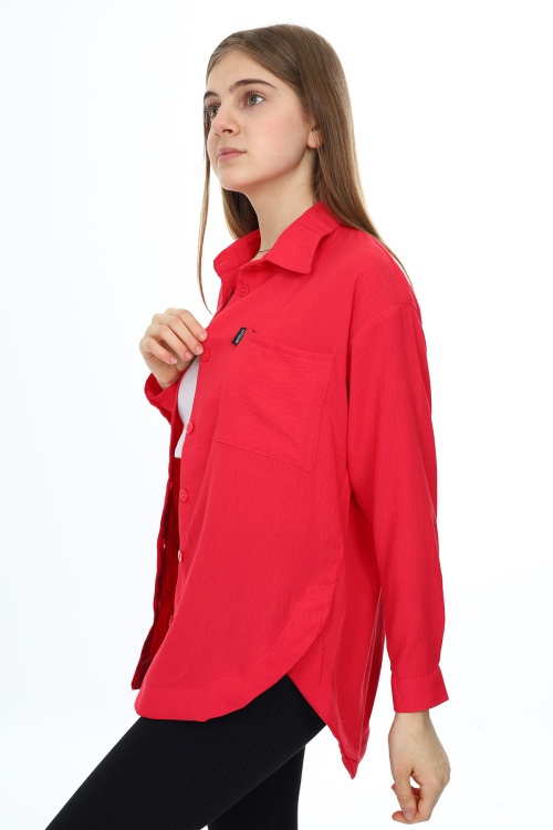 Fuşya Ayıcık Baskılı Yırtmaçlı Kız Çocuk Düğmeli Gömlek 18415