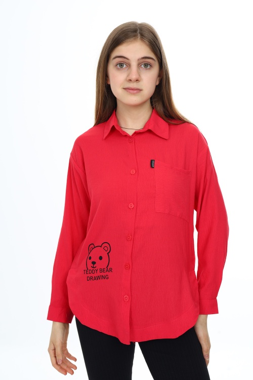 Fuşya Ayıcık Baskılı Yırtmaçlı Kız Çocuk Düğmeli Gömlek 18415