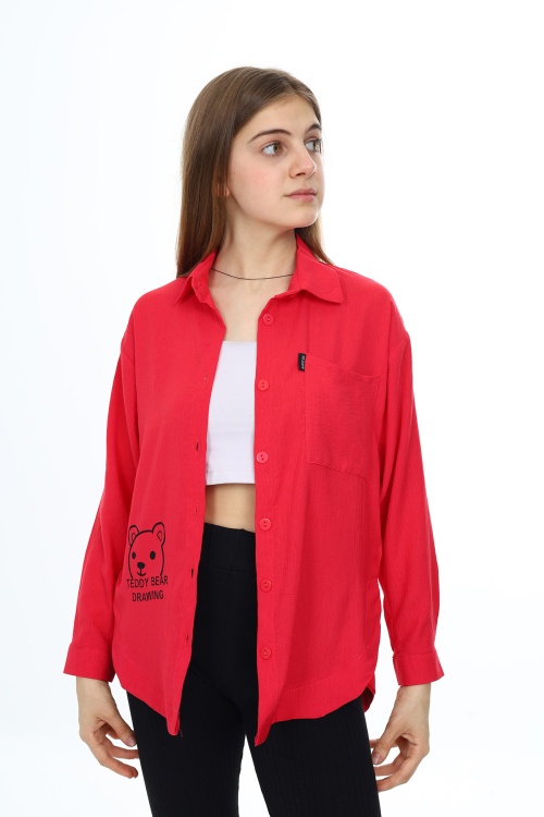 Fuşya Ayıcık Baskılı Yırtmaçlı Kız Çocuk Düğmeli Gömlek 18415