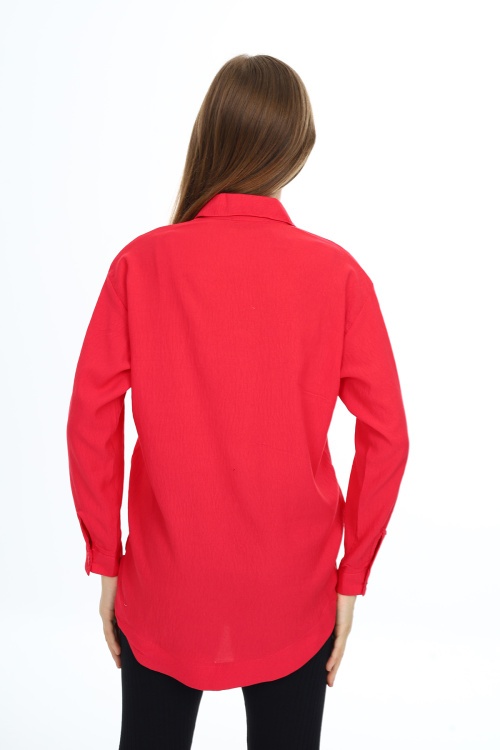 Fuşya Ayıcık Baskılı Yırtmaçlı Kız Çocuk Düğmeli Gömlek 18415