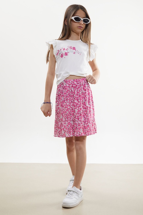 Fuşya Çiçek Desenli Etekli Baskılı Tişörtlü Kız Çocuk Takım 18505