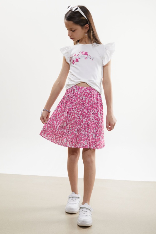 Fuşya Çiçek Desenli Etekli Baskılı Tişörtlü Kız Çocuk Takım 18505