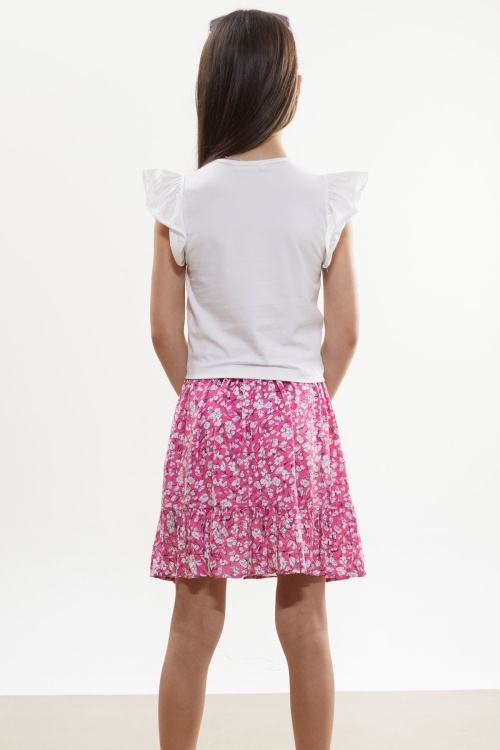 Fuşya Çiçek Desenli Etekli Baskılı Tişörtlü Kız Çocuk Takım 18505