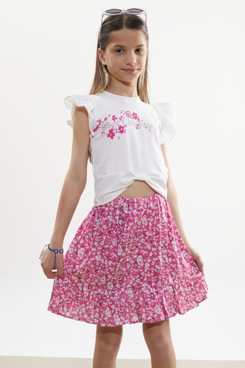 Fuşya Çiçek Desenli Etekli Baskılı Tişörtlü Kız Çocuk Takım 18505