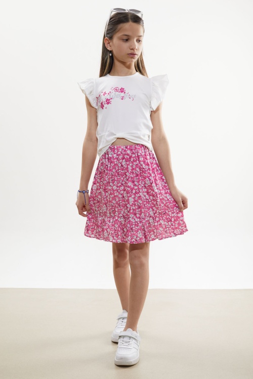 Fuşya Çiçek Desenli Etekli Baskılı Tişörtlü Kız Çocuk Takım 18505