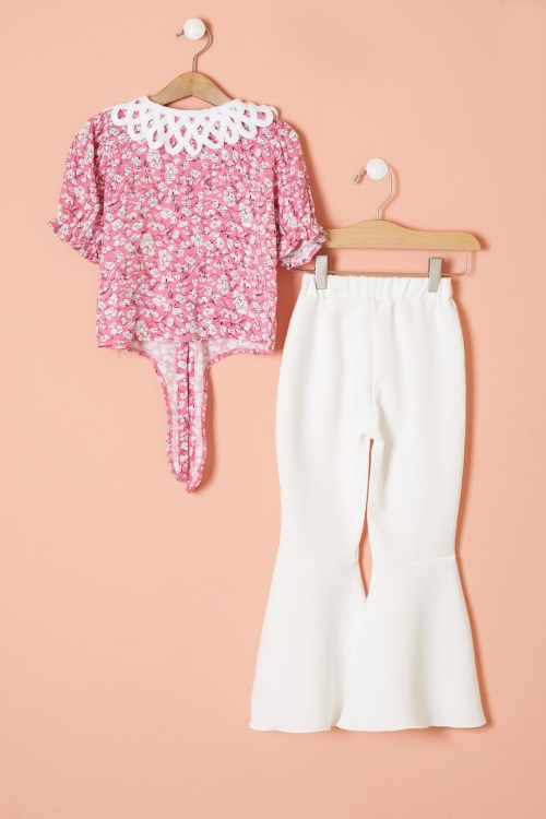 Fuşya Çiçek Desenli Fularlı Bluzlu Kız Çocuk İspanyol Pantolonlu Takım 18461