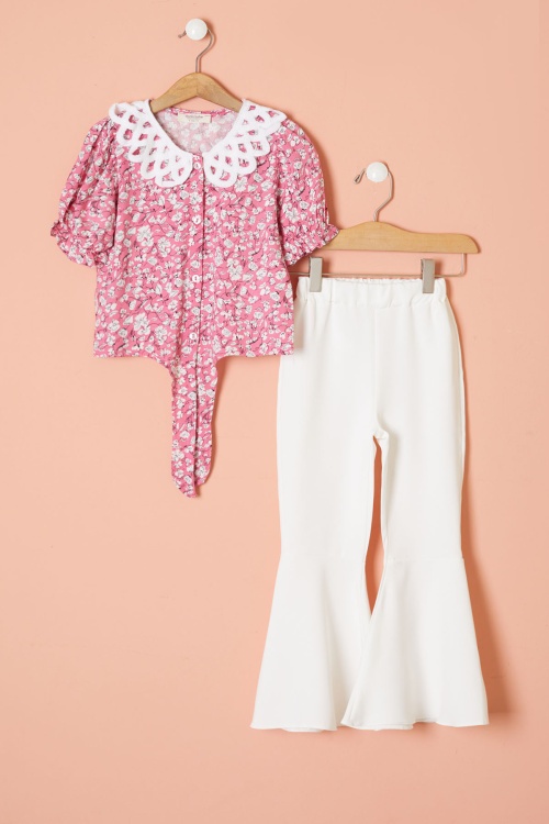 Fuşya Çiçek Desenli Fularlı Bluzlu Kız Çocuk İspanyol Pantolonlu Takım 18461