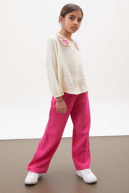 Fuşya Dantel Yakalı Gömlekli Müslin Pantolonlu Kız Takım 18162