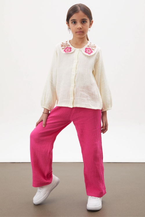 Fuşya Dantel Yakalı Gömlekli Müslin Pantolonlu Kız Takım 18162