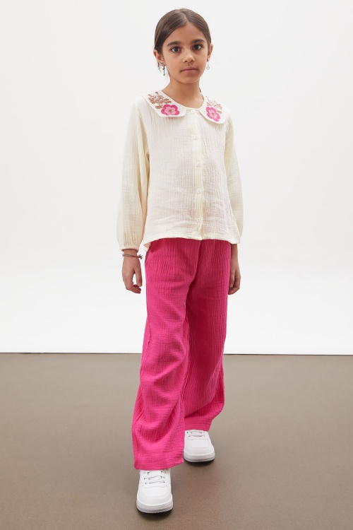 Fuşya Dantel Yakalı Gömlekli Müslin Pantolonlu Kız Takım 18162