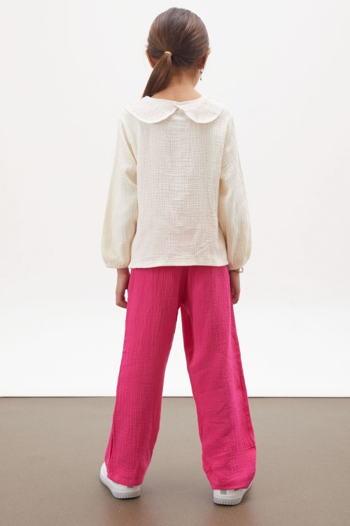 Fuşya Dantel Yakalı Gömlekli Müslin Pantolonlu Kız Takım 18162