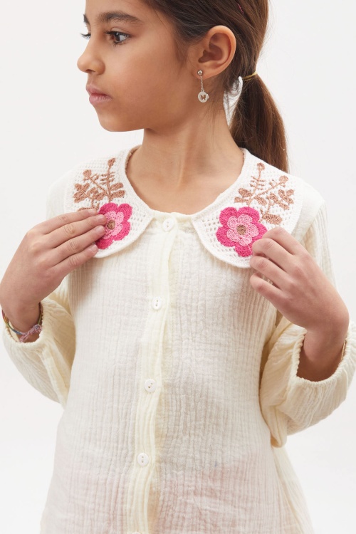 Fuşya Dantel Yakalı Gömlekli Müslin Pantolonlu Kız Takım 18162