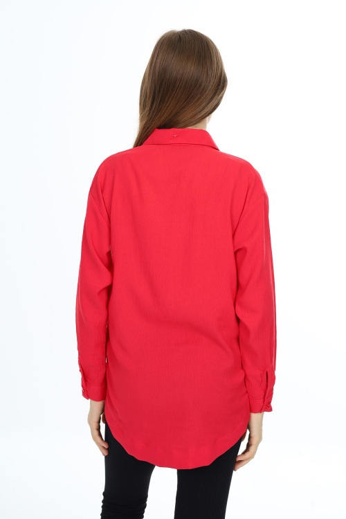 Fuşya Kalp Baskılı Yırtmaç Detaylı Kız Çocuk Düğmeli Gömlek 18424