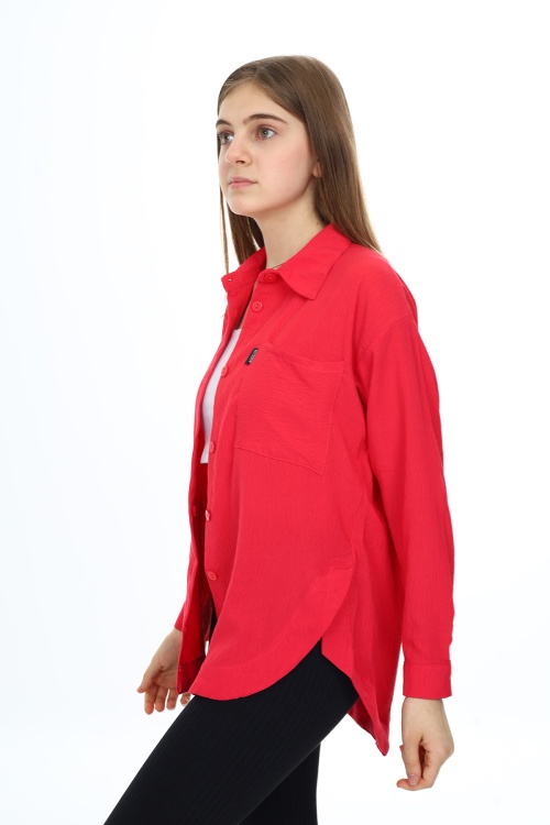 Fuşya Kalp Baskılı Yırtmaç Detaylı Kız Çocuk Düğmeli Gömlek 18424