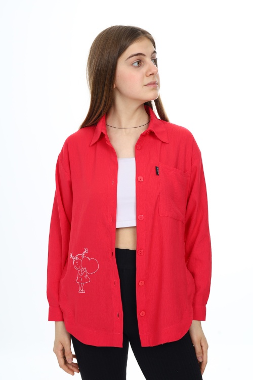 Fuşya Kalp Baskılı Yırtmaç Detaylı Kız Çocuk Düğmeli Gömlek 18424