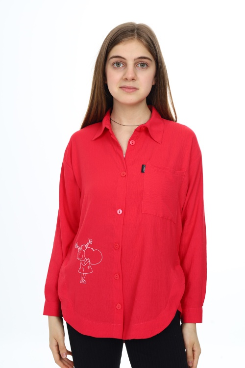 Fuşya Kalp Baskılı Yırtmaç Detaylı Kız Çocuk Düğmeli Gömlek 18424