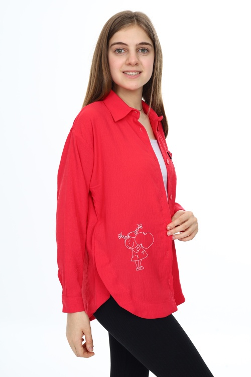 Fuşya Kalp Baskılı Yırtmaç Detaylı Kız Çocuk Düğmeli Gömlek 18424