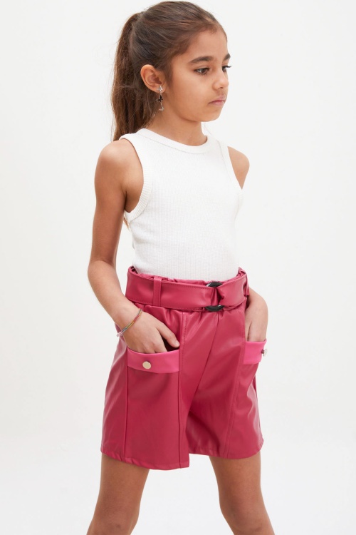 Fuşya Kemerli Ön Cepli Kız Çocuk Deri Şort 18217