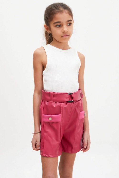 Fuşya Kemerli Ön Cepli Kız Çocuk Deri Şort 18217