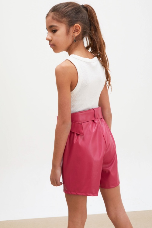 Fuşya Kemerli Ön Cepli Kız Çocuk Deri Şort 18217