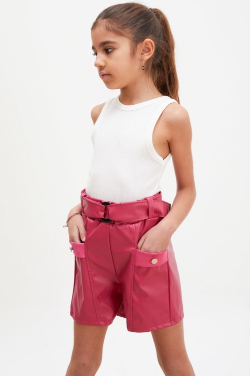 Fuşya Kemerli Ön Cepli Kız Çocuk Deri Şort 18217