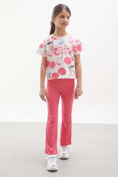 Fuşya Kiraz Baskılı İspanyol Paça Taytlı Kız Çocuk Takım 17990