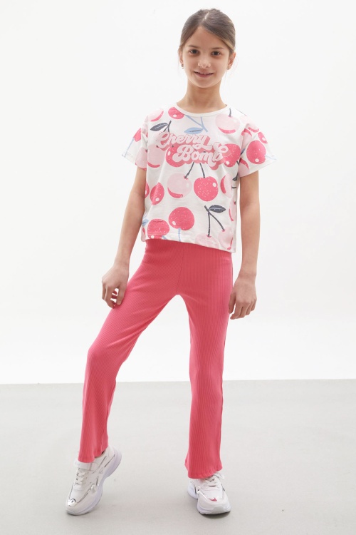 Fuşya Kiraz Baskılı İspanyol Paça Taytlı Kız Çocuk Takım 17990
