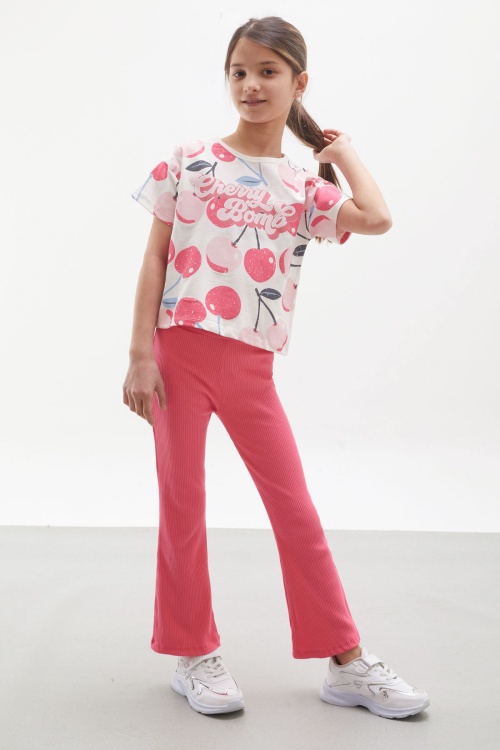 Fuşya Kiraz Baskılı İspanyol Paça Taytlı Kız Çocuk Takım 17990