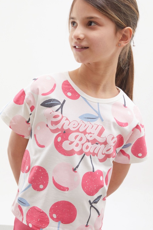 Fuşya Kiraz Baskılı İspanyol Paça Taytlı Kız Çocuk Takım 17990