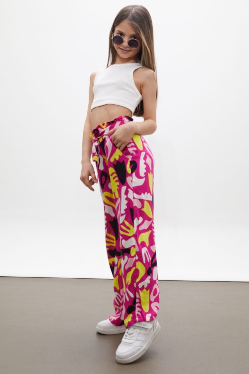Fuşya Kuşaklı Kız Çocuk Desenli Yazlık Pantolon 18223