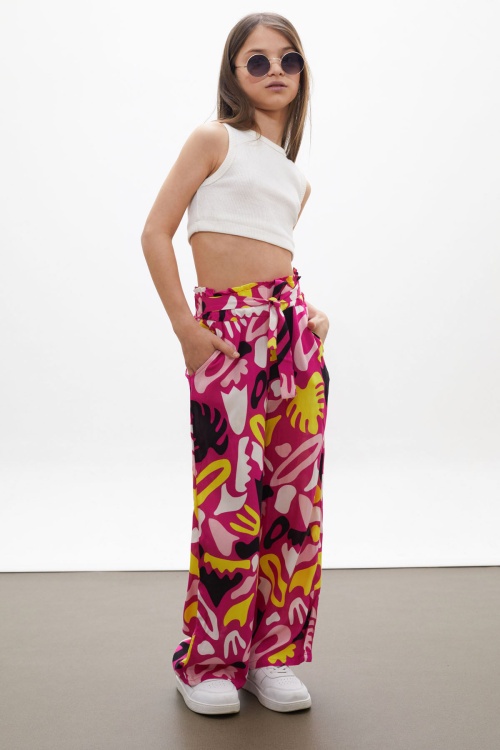 Fuşya Kuşaklı Kız Çocuk Desenli Yazlık Pantolon 18223