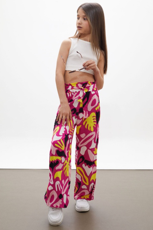 Fuşya Kuşaklı Kız Çocuk Desenli Yazlık Pantolon 18223