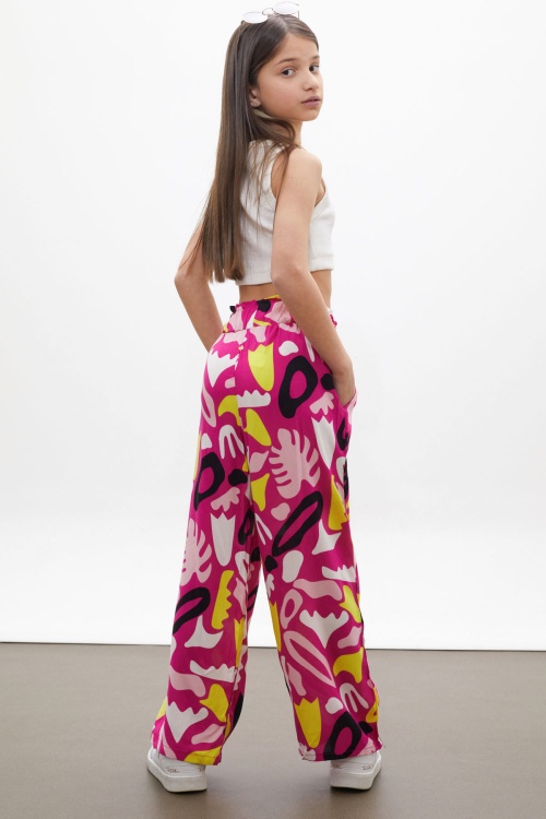 Fuşya Kuşaklı Kız Çocuk Desenli Yazlık Pantolon 18223