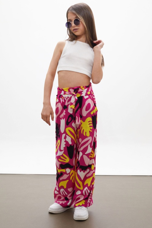 Fuşya Kuşaklı Kız Çocuk Desenli Yazlık Pantolon 18223