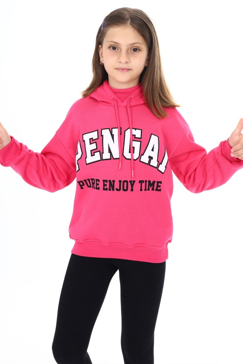 Fuşya Pengai Yazı Baskı Polarlı Kız Çocuk Sweatshirt 18329