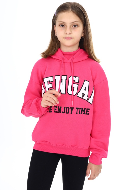 Fuşya Pengai Yazı Baskı Polarlı Kız Çocuk Sweatshirt 18329