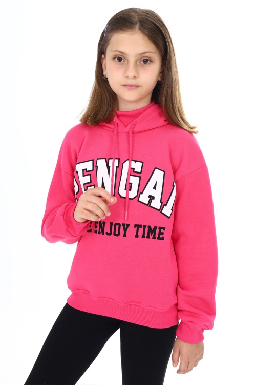 Fuşya Pengai Yazı Baskı Polarlı Kız Çocuk Sweatshirt 18329